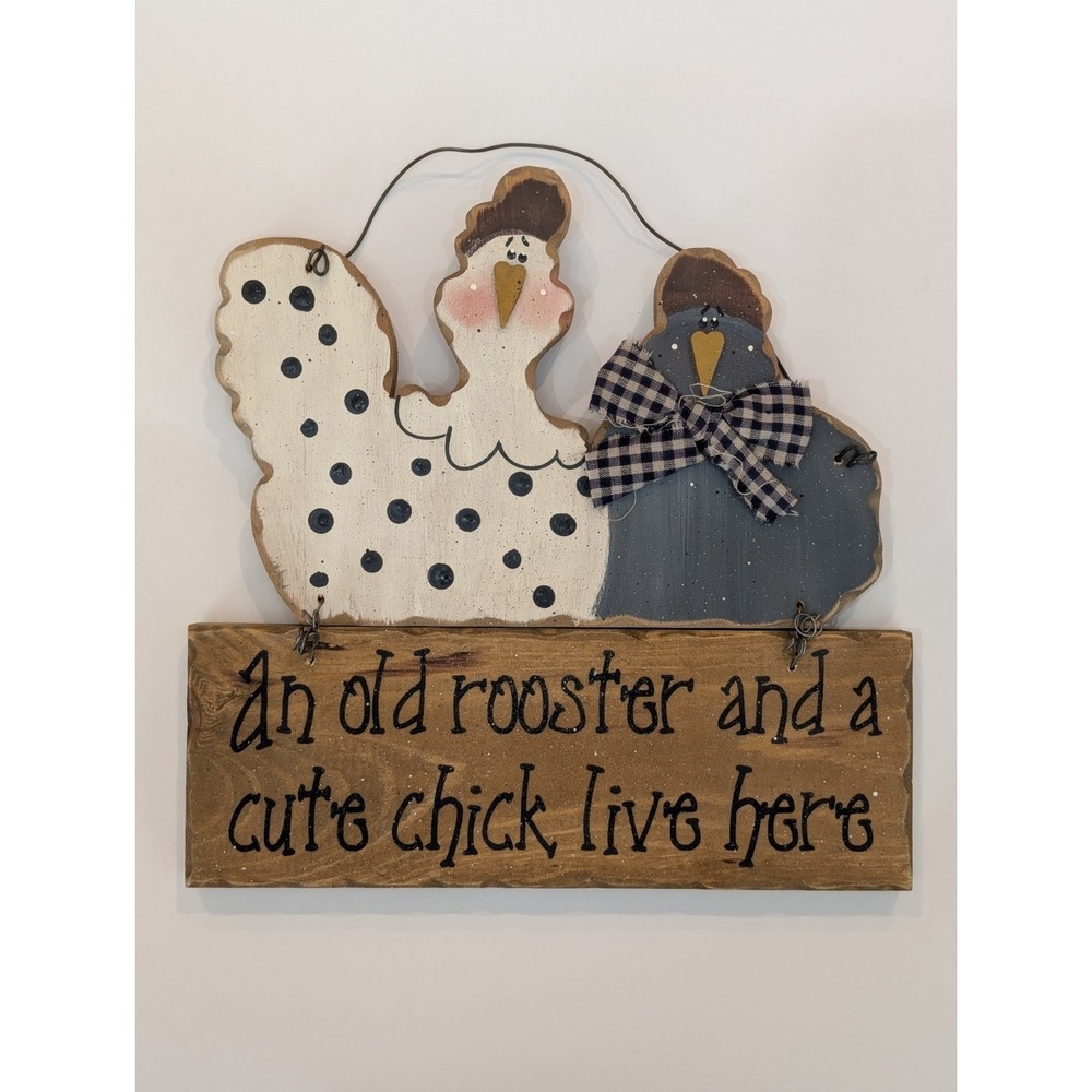 Primitive Folk Art Wooden Country 'Old' Rooster 'Cute' Chick Hen Wall Hanging